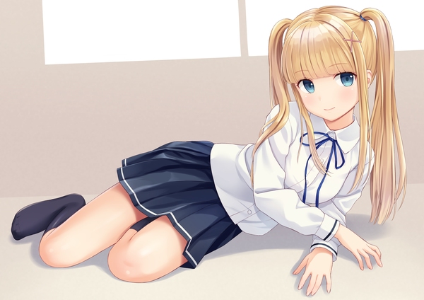 Anime picture 4093x2894 with original n.g. single long hair looking at viewer blush fringe highres blue eyes blonde hair smile twintails payot absurdres full body blunt bangs long sleeves pleated skirt shadow no shoes