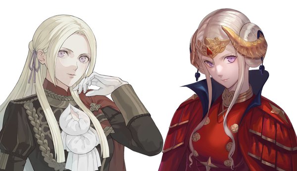 Anime picture 2048x1184 with fire emblem fire emblem: three houses nintendo edelgard von hresvelg mueririko aizumi240326 long hair looking at viewer highres simple background smile wide image white background purple eyes multiple girls silver hair upper body arm up horn (horns) multiview