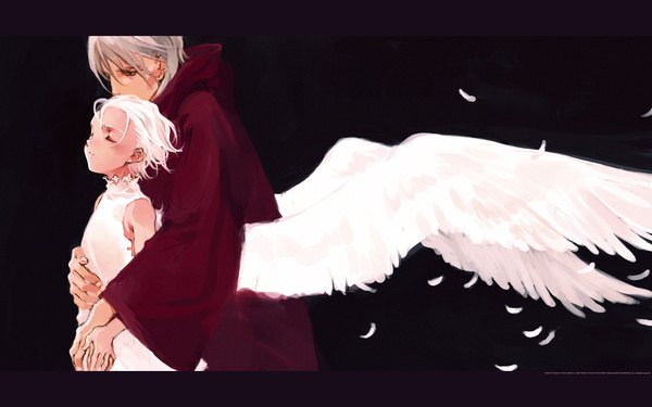 イラスト 1920x1200 と リトルウィッチ 大槍葦人 highres 短い髪 simple background wide image white hair eyes closed grey hair hug black background letterboxed white wings hug from behind 女の子 ドレス 男性 翼 白いドレス 羽