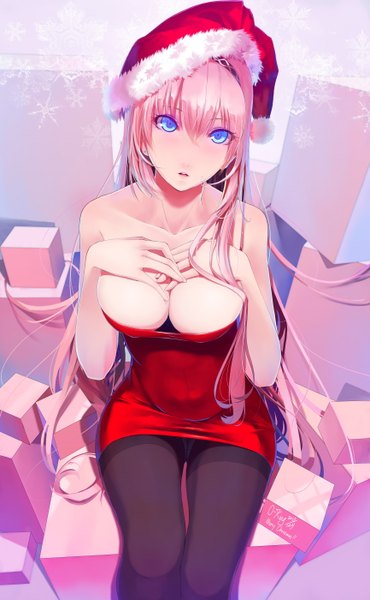 Anime picture 1730x2800 with vocaloid megurine luka okingjo single long hair tall image looking at viewer blush highres breasts open mouth blue eyes light erotic pink hair cleavage christmas girl pantyhose gift santa claus hat