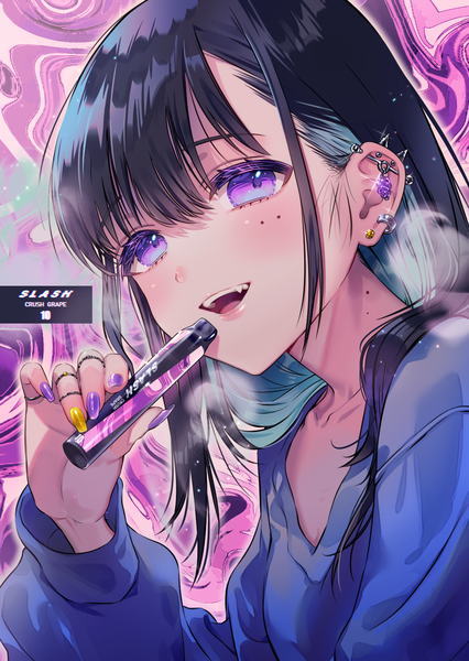 Anime picture 1138x1602 with original slash (company) hazuki mizuho single long hair tall image looking at viewer fringe open mouth black hair smile hair between eyes purple eyes holding upper body nail polish :d multicolored hair fingernails mole