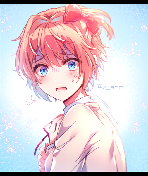 Anime picture 752x892 with doki doki literature club sayori (doki doki literature club) aicedrop single tall image looking at viewer blush fringe short hair open mouth blue eyes simple background hair between eyes signed upper body long sleeves orange hair sweat twitter username turning head