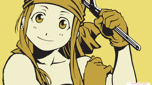 Anime picture 1600x900 with fullmetal alchemist studio bones winry rockbell single long hair blonde hair wide image yellow eyes light smile girl gloves earrings wrench
