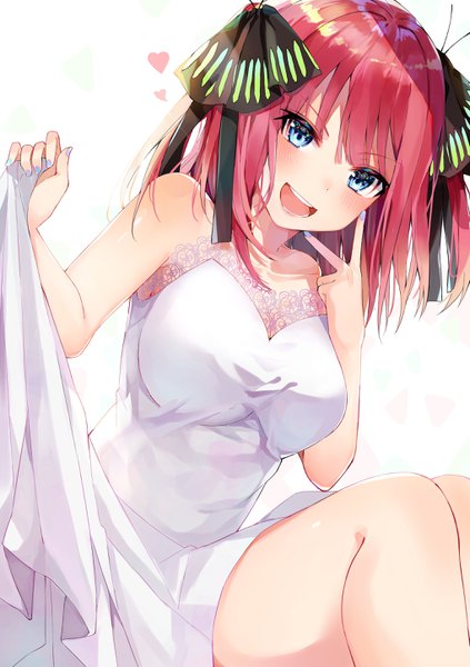 Anime picture 2039x2894 with go-toubun no hanayome nakano nino machamochi single long hair tall image looking at viewer blush fringe highres open mouth blue eyes simple background smile white background sitting bare shoulders pink hair bent knee (knees) nail polish