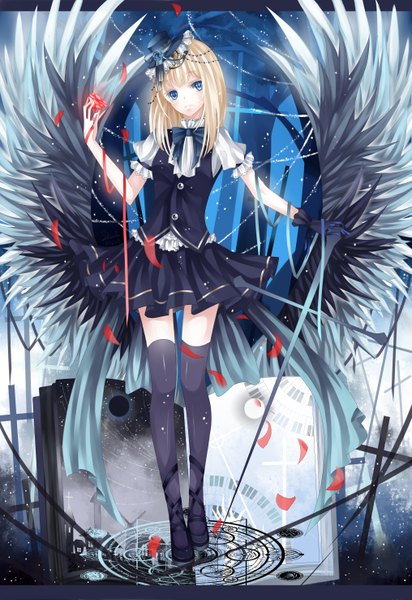 Anime picture 2031x2952 with original stari single tall image highres blue eyes blonde hair magic girl thighhighs skirt flower (flowers) black thighhighs hat miniskirt petals wings ring magic circle