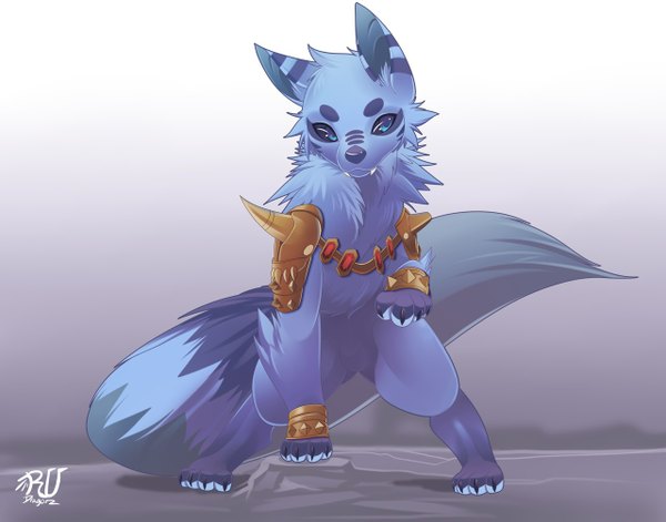 Anime picture 1280x1006 with league of legends warwick (league of legends) phation single blue eyes simple background animal ears looking away tail animal tail animal fur spaulder (spaulders) claws