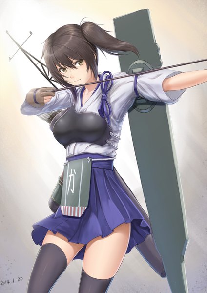Anime picture 935x1323 with kantai collection kaga aircraft carrier lemoo single tall image short hair black hair brown eyes ponytail traditional clothes side ponytail girl thighhighs weapon black thighhighs armor bow (weapon) arrow (arrows) breastplate muneate