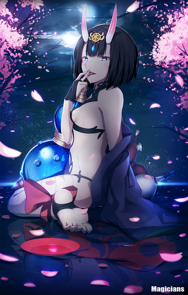 Anime picture 782x1229 with fate (series) fate/grand order shuten douji (fate) magicians (zhkahogigzkh) single tall image looking at viewer fringe short hair open mouth light erotic black hair sitting purple eyes bare shoulders signed sky cloud (clouds) blunt bangs traditional clothes