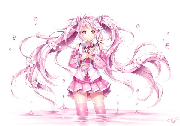 Anime picture 1426x1000 with vocaloid hatsune miku sakura miku tidsean twintails pink hair very long hair pink eyes zettai ryouiki girl thighhighs skirt flower (flowers) detached sleeves miniskirt necktie pink skirt