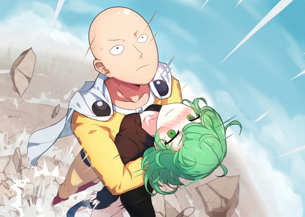 Anime picture 1400x1000 with one-punch man madhouse tatsumaki saitama (one-punch man) qys3 blush short hair breasts green eyes looking away sky cloud (clouds) green hair embarrassed hug torn clothes drill hair flying serious destruction
