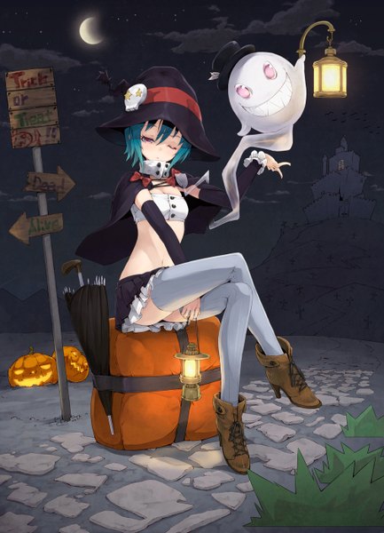 Anime-Bild 1010x1400 mit original risou (maeda risou) tall image looking at viewer short hair sitting one eye closed pink eyes wink aqua hair night halloween ghost crescent closed umbrella girl thighhighs plant (plants) detached sleeves white thighhighs