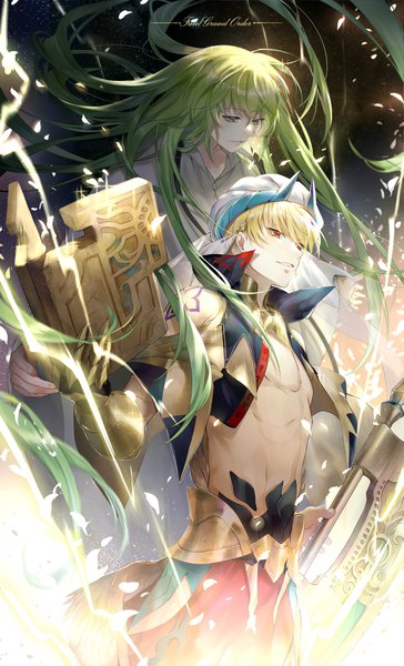 Anime picture 1169x1924 with fate (series) fate/grand order gilgamesh (fate) enkidu (fate) gilgamesh (caster) (fate) ekita xuan tall image fringe short hair blonde hair hair between eyes red eyes standing holding green eyes looking away very long hair parted lips green hair multiple boys