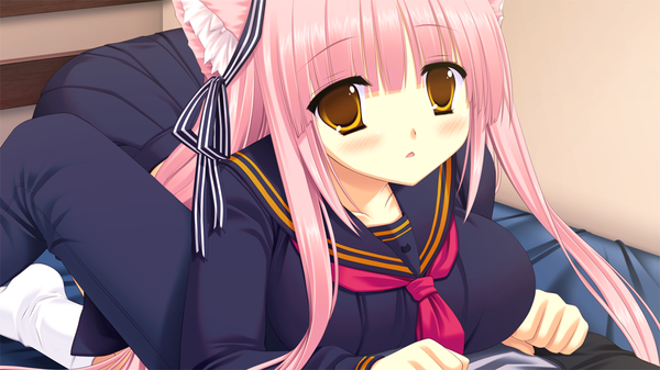 Anime picture 1024x576 with nekonade distortion nanakase gizmo long hair blush wide image animal ears yellow eyes pink hair game cg cat ears cat girl girl ribbon (ribbons) hair ribbon serafuku