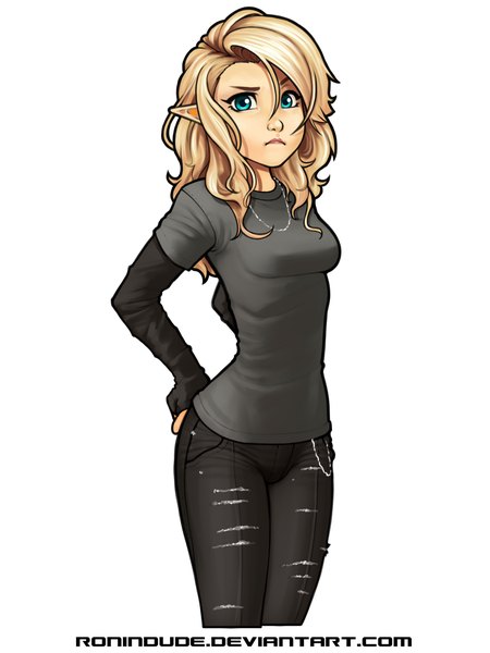 Anime picture 1024x1365 with ronin dude (ray cornwell) single long hair tall image looking at viewer breasts blonde hair standing aqua eyes pointy ears eyebrows elf girl clothes jeans torn jeans