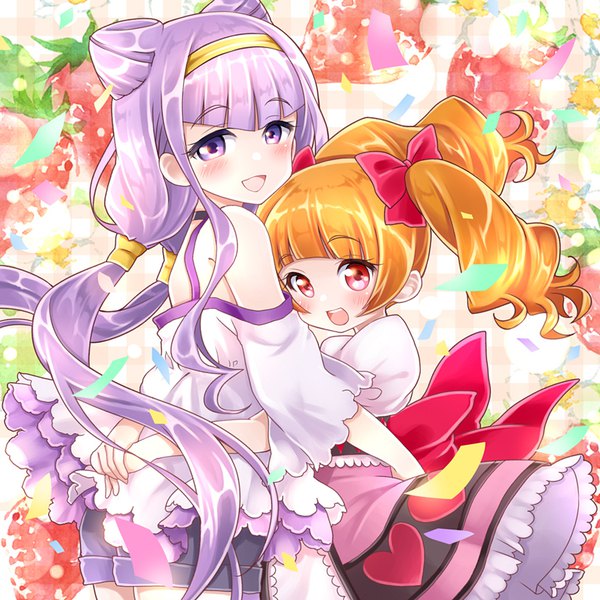 Anime picture 824x824 with precure hugtto! precure toei animation ruru amour aisaki emiru kawanobe long hair looking at viewer blush fringe open mouth red eyes twintails purple eyes bare shoulders multiple girls purple hair :d orange hair hug