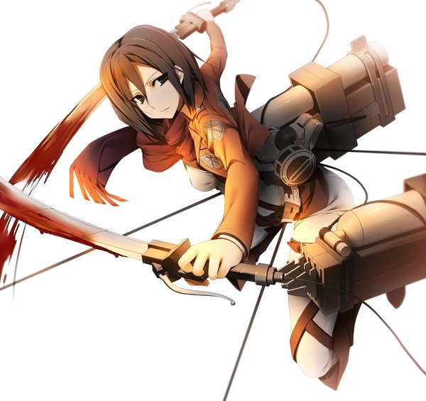 Anime picture 2000x1886 with shingeki no kyojin production i.g mikasa ackerman kamitsurugi ouka single highres short hair black hair simple background white background holding black eyes dual wielding girl weapon sword jacket belt scarf thigh strap