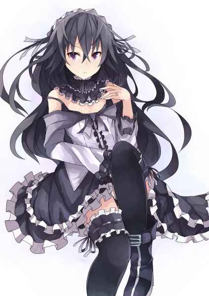 Anime picture 1060x1500 with original keid single long hair tall image looking at viewer black hair white background purple eyes girl thighhighs dress black thighhighs boots frills headdress