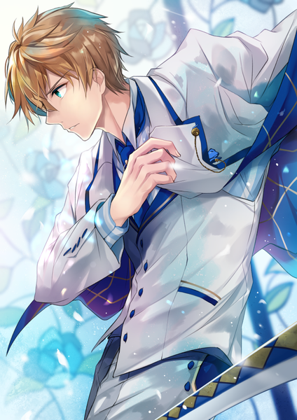 Anime picture 636x900 with fate (series) fate/grand order fate/prototype arthur pendragon (fate) hirai yuzuki single tall image fringe short hair blonde hair hair between eyes standing looking away long sleeves parted lips profile aqua eyes boy suit