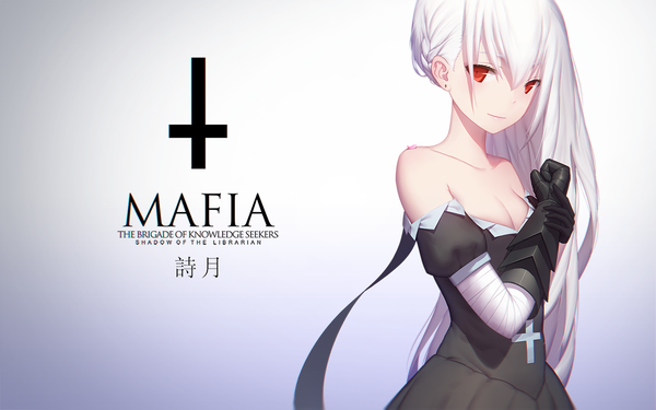Anime picture 1440x900 with original pixiv fantasia pixiv fantasia t maredoro single long hair looking at viewer red eyes bare shoulders white hair inscription girl dress gloves black gloves