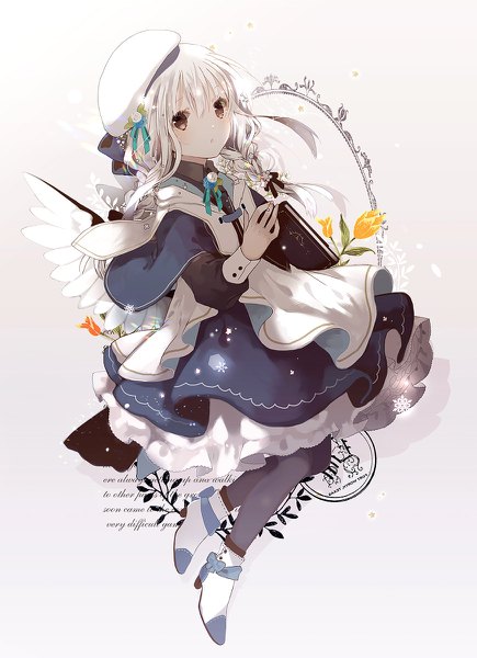 Anime picture 870x1200 with original yuzuyomogi single long hair tall image looking at viewer blush fringe open mouth hair between eyes white background holding brown eyes full body bent knee (knees) white hair braid (braids) long sleeves :o high heels