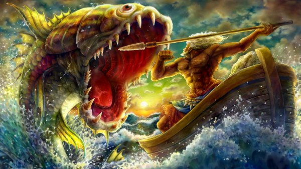 Anime picture 2560x1440 with dragon's crown vanillaware long hair highres open mouth wide image standing brown eyes sky cloud (clouds) teeth sharp teeth fishing boy skirt weapon sea fish (fishes) monster spear