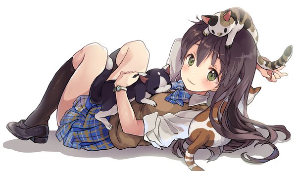 Anime picture 1000x578 with original saya (mychristian2) single long hair looking at viewer blush fringe black hair simple background hair between eyes wide image white background green eyes full body bent knee (knees) lying pleated skirt shadow on back plaid skirt
