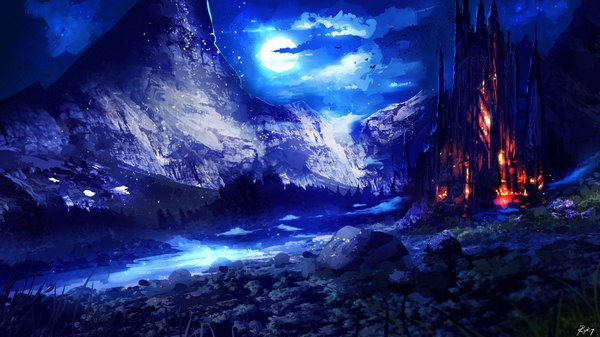 Anime picture 2000x1125 with original ryky highres wide image signed cloud (clouds) night night sky glowing mountain river nature moon full moon stone (stones) castle