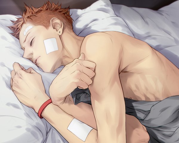 イラスト 1280x1024 と 19 days mo guan shan tashami ソロ 短い髪 ピンク髪 indoors lying eyes closed lips on side crossed arms eyebrows sleeping bandaid on face shirtless 男性 耳飾り まくら ベッド