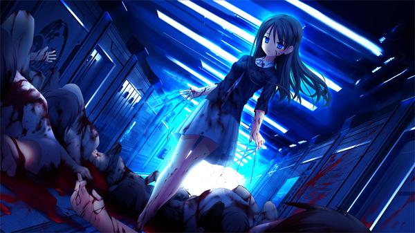 Anime picture 1280x720 with aqua (game) akizuki tsukasa long hair blue eyes black hair wide image game cg fingernails long fingernails guro girl skirt miniskirt blood