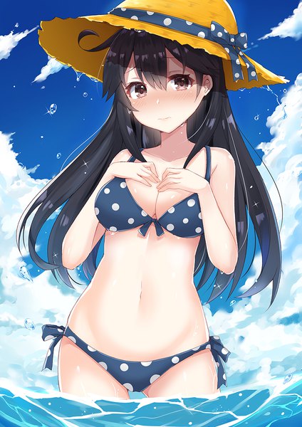 Anime picture 800x1131 with kantai collection ushio destroyer coffeedog single long hair tall image looking at viewer blush fringe breasts light erotic black hair hair between eyes standing sky sparkle wet grey eyes partially submerged groin