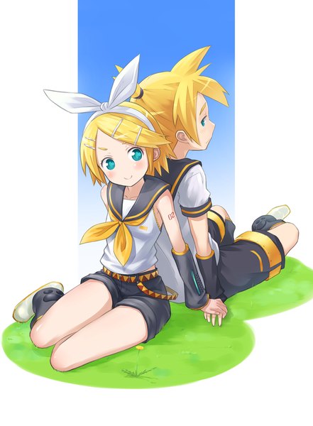 Anime picture 735x1000 with vocaloid kagamine rin kagamine len mofu tall image blush short hair blue eyes blonde hair smile sitting ponytail looking back tattoo back to back girl boy hair ornament flower (flowers) ribbon (ribbons)