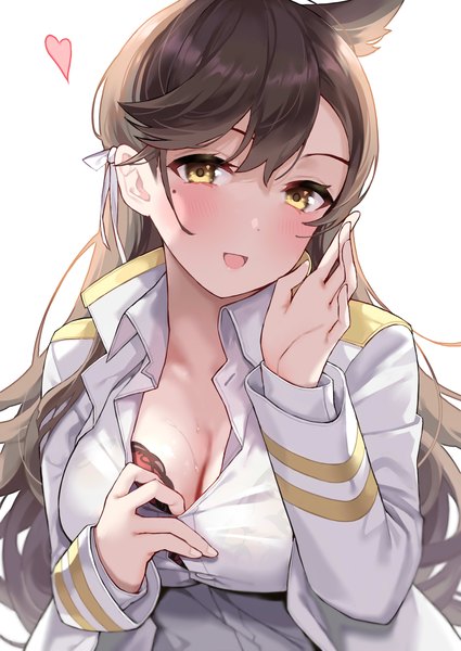 Anime picture 2507x3541 with azur lane atago (azur lane) denchu (kazudentyu) single long hair tall image looking at viewer blush fringe highres breasts open mouth light erotic black hair simple background smile hair between eyes large breasts white background animal ears