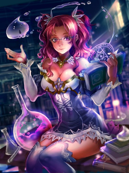 Anime picture 1024x1365 with original ken (kenshjnpark) single long hair tall image breasts light erotic sitting purple eyes bare shoulders holding cleavage red hair light smile lips zettai ryouiki magic wavy hair girl hair ornament