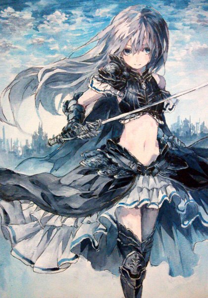 Anime picture 896x1280 with original sigmasmail2 single long hair tall image looking at viewer blue eyes standing sky pleated skirt multicolored hair loli girl skirt gloves navel weapon sword elbow gloves armor