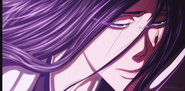 Anime picture 1500x736 with bleach studio pierrot unohana yachiru ric9duran single long hair wide image purple eyes purple hair japanese clothes coloring glowing close-up face glowing eye (eyes) boy kimono