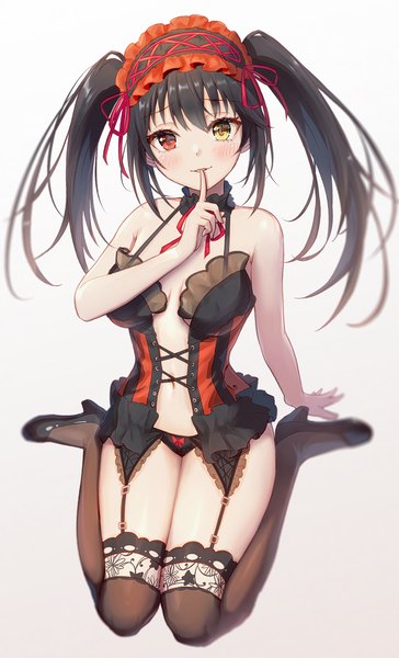 Anime picture 1351x2228 with date a live tokisaki kurumi sauvignon single long hair tall image looking at viewer blush fringe breasts light erotic black hair simple background hair between eyes red eyes white background sitting twintails yellow eyes payot