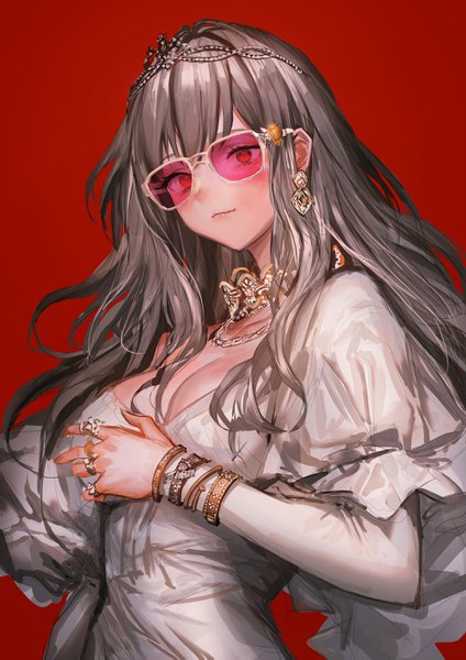 Anime picture 2000x2829 with original lm7 (op-center) single long hair tall image looking at viewer blush fringe highres breasts simple background red eyes brown hair standing cleavage upper body long sleeves red background girl earrings