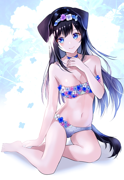 Anime picture 1000x1451 with original myusha single long hair tall image blush fringe breasts blue eyes light erotic black hair smile hair between eyes bare shoulders animal ears looking away cleavage tail head tilt animal tail