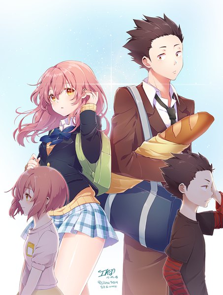 Anime picture 850x1126 with koe no katachi kyoto animation nishimiya shouko ishida shouya ika (4801055) long hair tall image short hair black hair smile looking away pink hair looking back orange eyes alternate age bob cut time paradox age progression girl boy