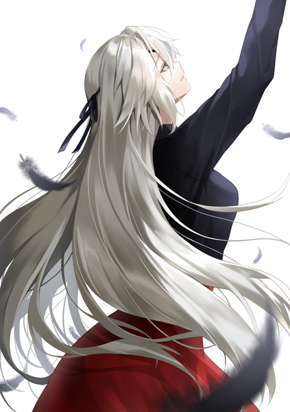 Anime picture 900x1275 with original lydia macarthur waka (shark waka) single long hair tall image fringe breasts blue eyes simple background hair between eyes standing white background silver hair long sleeves parted lips head tilt profile arm up sunlight