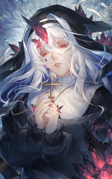Anime picture 1000x1600 with arknights specter (arknights) spade-m single long hair tall image fringe hair between eyes red eyes holding signed looking away upper body white hair nail polish parted lips head tilt fingernails hands clasped red nail polish