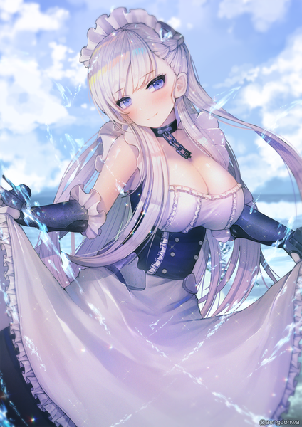 Anime picture 1061x1500 with azur lane belfast (azur lane) hanato (seonoaiko) single long hair tall image looking at viewer blush breasts large breasts purple eyes sky cleavage silver hair cloud (clouds) outdoors light smile maid girl dress