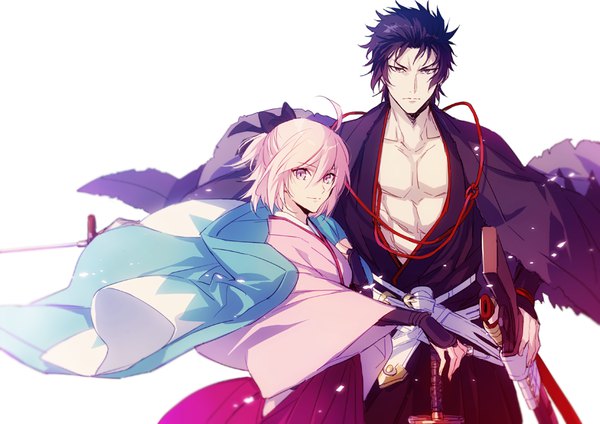 Anime picture 919x650 with fate (series) fate/grand order artoria pendragon (all) saber okita souji (fate) (all) okita souji (koha-ace) hijikata toshizou (fate/grand order) xia (ryugo) fringe short hair black hair simple background blonde hair hair between eyes white background yellow eyes ahoge traditional clothes japanese clothes outstretched arm
