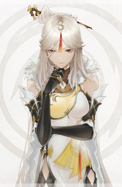 Anime picture 1503x2302 with genshin impact ningguang (genshin impact) marumoru single long hair tall image looking at viewer fringe simple background standing white hair traditional clothes light smile hair over one eye orange eyes fur trim chinese clothes girl gloves hair ornament