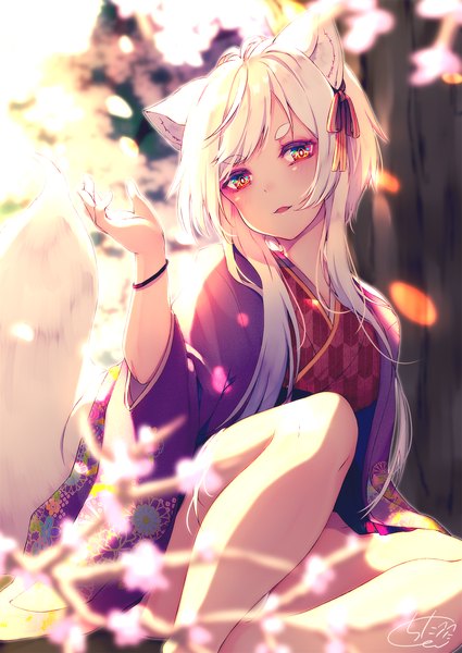 Anime-Bild 1417x2000 mit original chita (ketchup) single long hair tall image looking at viewer blush fringe open mouth light erotic red eyes sitting signed animal ears bent knee (knees) white hair tail traditional clothes head tilt japanese clothes