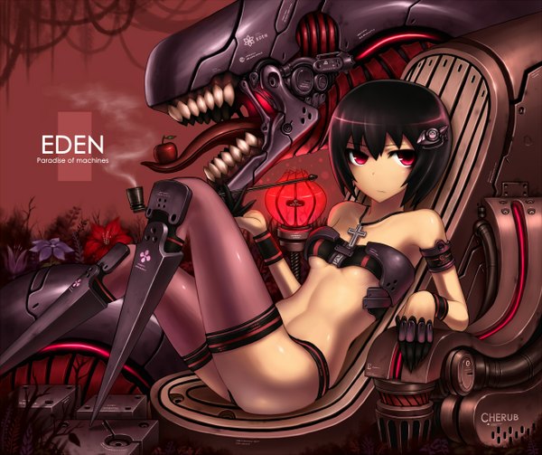 Anime picture 1300x1090 with original gia single short hair light erotic black hair red eyes sitting inscription smoke mechanical mechanical parts girl gloves pantyhose necklace apple