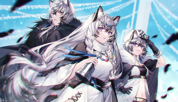 Anime picture 1200x692 with arknights pramanix (arknights) silverash (arknights) cliffheart (arknights) coyucom looking at viewer fringe short hair hair between eyes wide image purple eyes multiple girls animal ears silver hair outdoors very long hair bare belly hand on hip girl boy