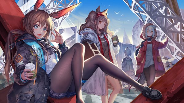 Anime picture 2200x1238 with arknights amiya (arknights) kal'tsit (arknights) angelina (arknights) projekt red (arknights) okuma mai long hair looking at viewer blush fringe highres short hair open mouth blue eyes smile hair between eyes brown hair wide image standing sitting