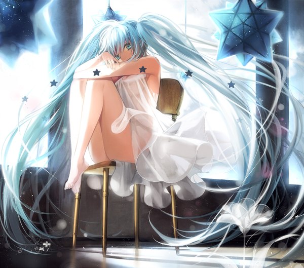 Anime picture 1500x1324 with vocaloid hatsune miku hakusai (tiahszld) single long hair sitting twintails aqua eyes aqua hair legs girl dress star (symbol) sundress