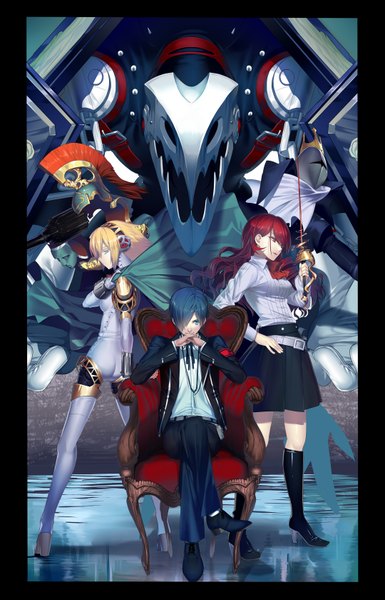 Anime picture 1080x1680 with persona 3 persona aegis arisato minato kirijou mitsuru hullabaloo long hair tall image fringe short hair blue eyes blonde hair red eyes sitting multiple girls blue hair red hair hair over one eye crossed legs mechanical